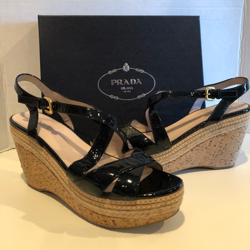 Prada Black Patent Leather wedge Sandals SZ 41